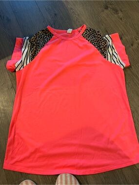 Girls Neon Pink Raglan Top with Leopard & Stripe Accents